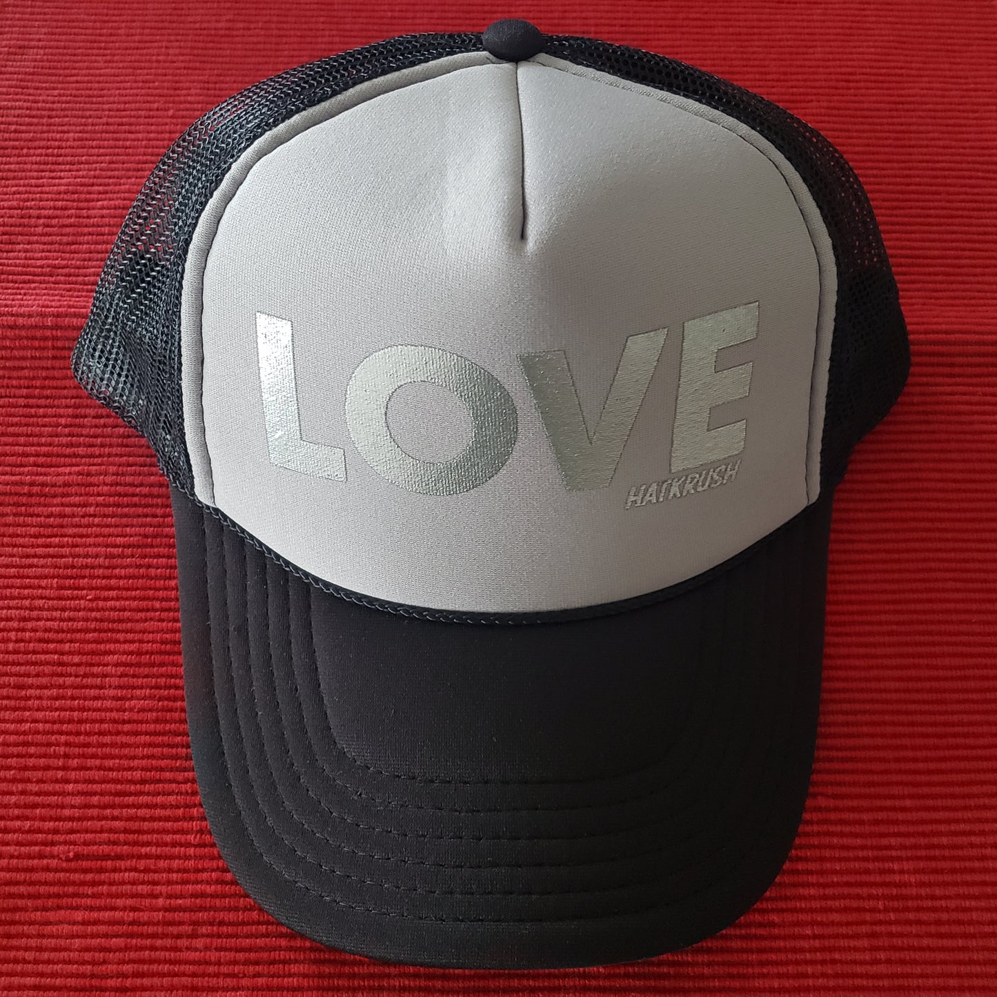 HatKrush LOVE in Black w Grey foam front.